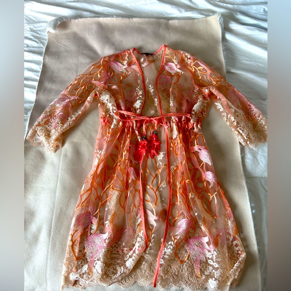 Sheer Embroidered Pink & Orange Swim Coverup